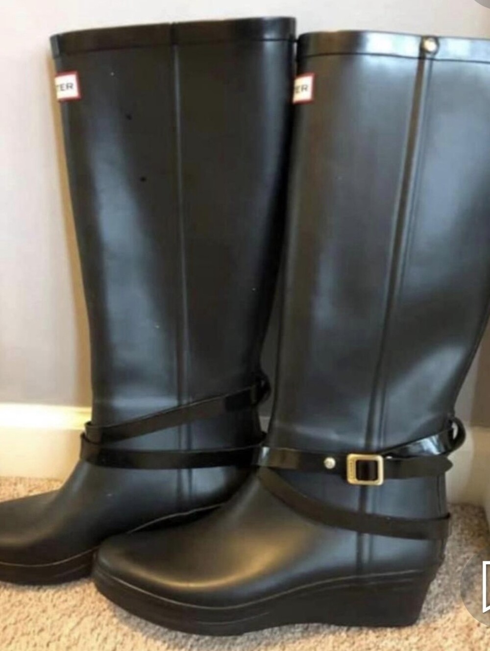 Hunter Black Wedge Tall Rain Boots with Wrap Strap and Buckle